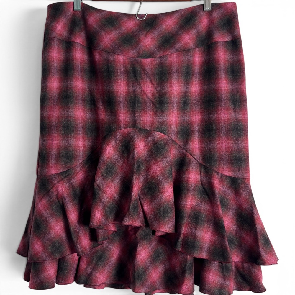 Trina Turk Virgin Wool Plaid Ruffle Hem Skirt Pink Black Women Size 12 Preppy